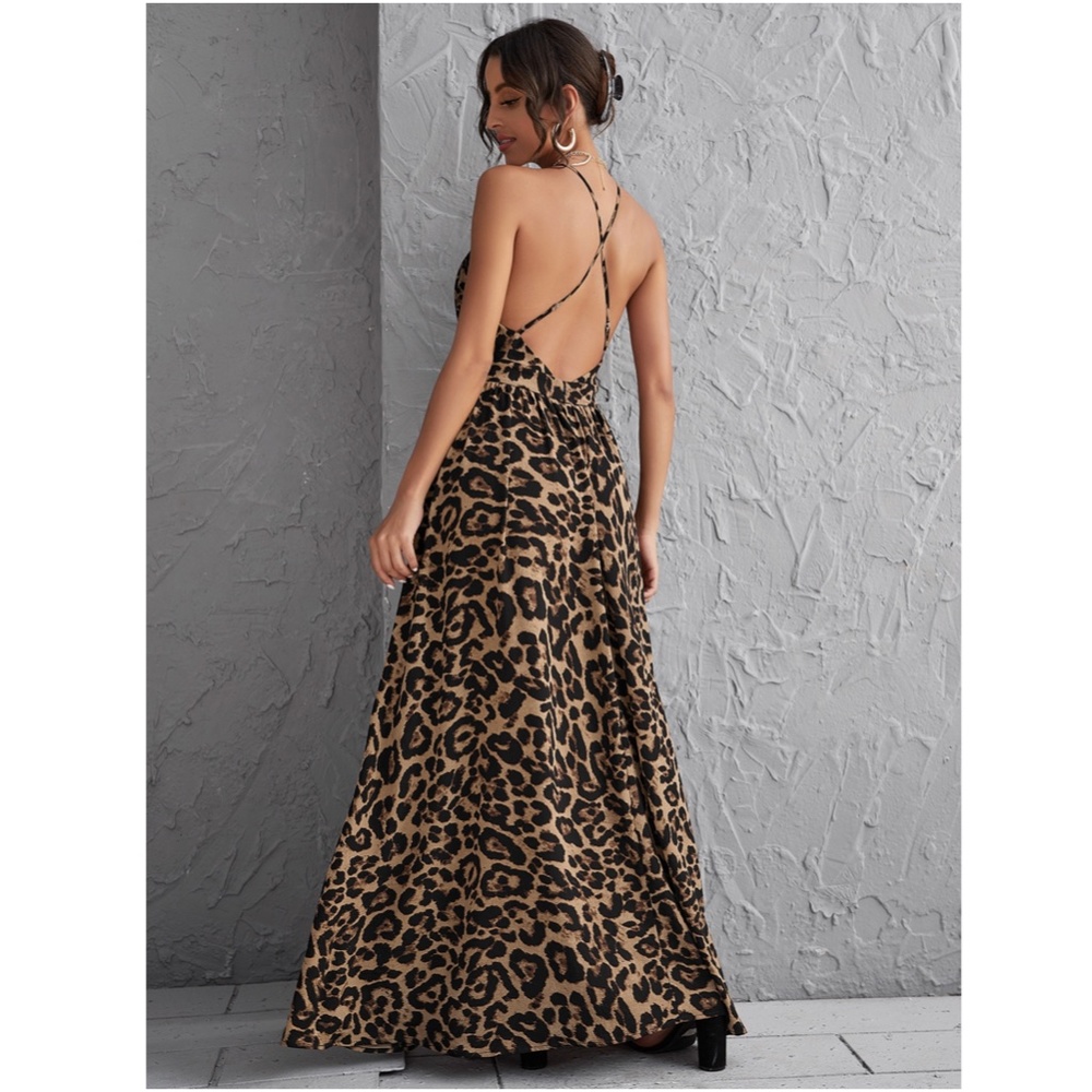 Backless Cheetah Maxi Dress Criss Cross V-Neck - Picture 4 of 16